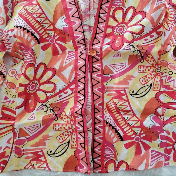 Choices Womens Linen Blazer Top Size M Pink Floral 3/4 Sleeve 1-Button Hippie - Picture 6 of 10